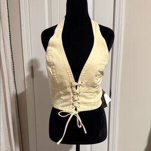 Light Yellow Lace-Up Halter Crop Top